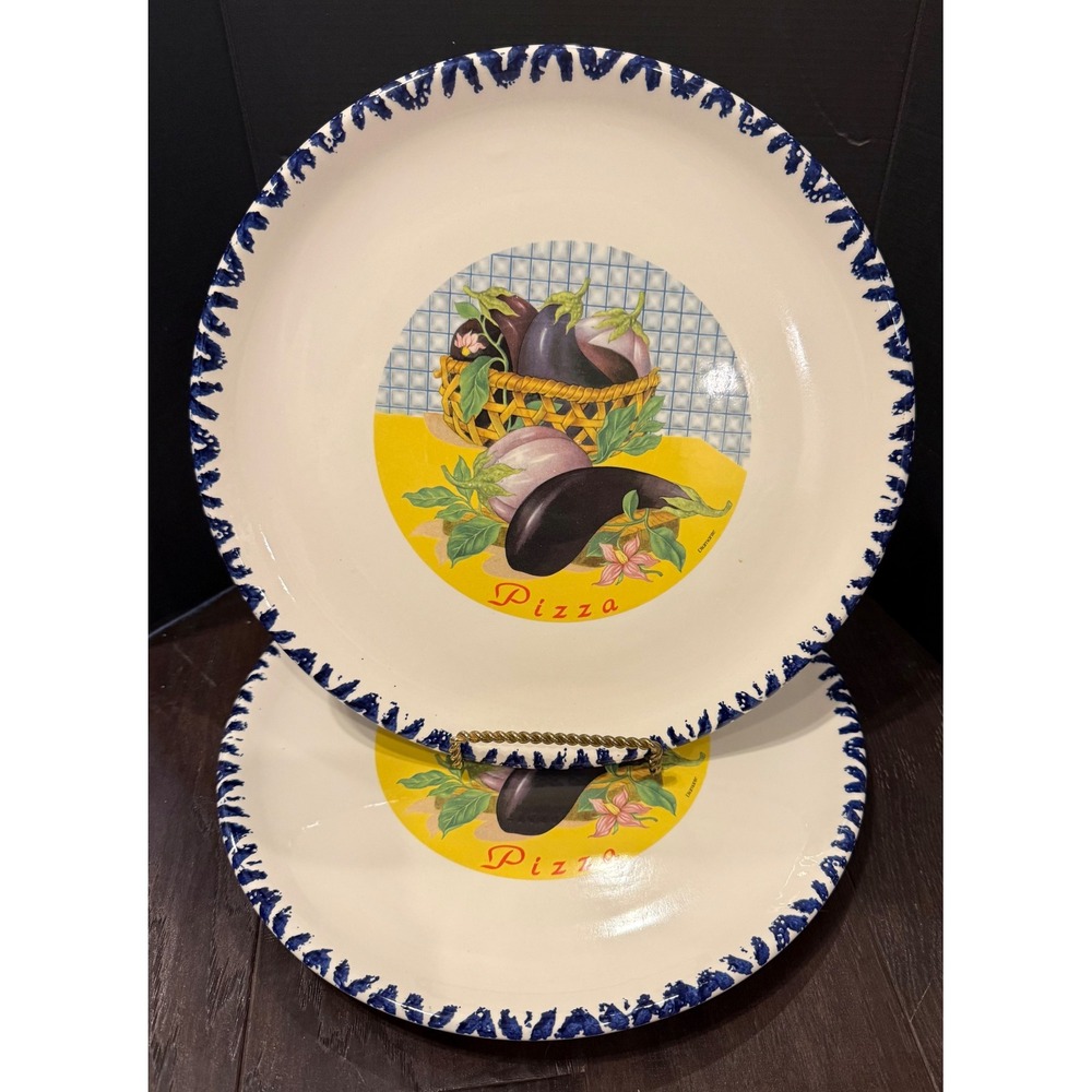 C.M.S. Pizza Plates Plate Blue Trim Hand Painted Italy Eggplant Set of 2 NEW